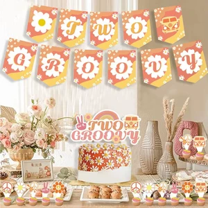 Boho Themed Hippie Party Decoration Set Girl Birthday Two Groovy Flag Cake Toppers Latex Balloon Set Party Supplies E3113