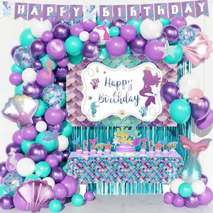 Mermaid Birthday Balloon Arch Garland Kit Decorations Teal Blue Backdrop Balloon Cutout Banner Tablecloth Cake Cupcake Topper