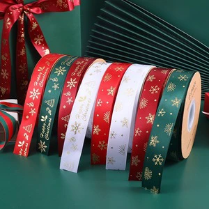 2.5cm 1 Inch Christmas Decoration Ribbon Custom logo Gold Foil Printed Gift Packaging Fabric Wired Christmas