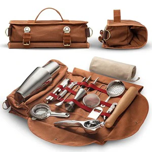 Wuyi Camol Factory 17-piece Travel Bartender Kit With Portable Canvas Bar Bag Stainless Steel Cocktail Shaker Making Set