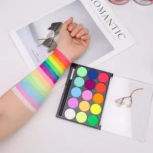 Non-Toxic 15 Shades Fluorescent UV Glow Face Paint Palette Water Washable Neon Pigment with Built-In Detail Brush