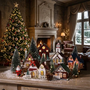 LANTINGXU Christmas Ornament Manufacturer Supply Wooden Table House Ornaments Kids Christmas Gifts Snow House With Lights