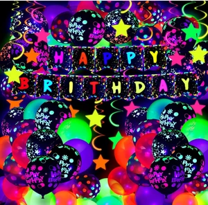 Glow Neon Happy Birthday Party Banners Flags Stars Swirls Garland Glow Dot/Star Printed Fluorescent Balloons Gift Toy Supplies