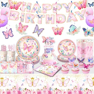 New Butterfly Spring Birthday Party Tableware China Paper Plates Towels Tablecloth Decorations