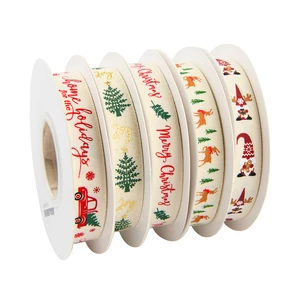 Christmas Gift Cotton Ribbon With Printing Christmas Tree Decorative Bundle Bow Gift Box Gift Packaging Diy Flower Ribbon