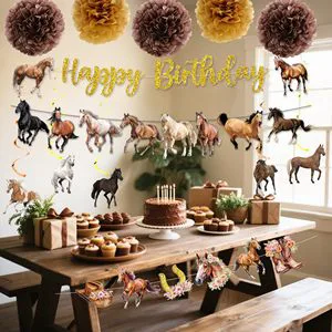 Happy Birthday Banner Horse Racing Western Cowgirl Theme Garland Hanging Swirls Paper Pom Poms Decor for Birthday Party Supplies