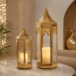Wholesale Customized Gold Moroccan Metal Glass Ramadan Fanoos Lantern Set For Eid Wedding Decor