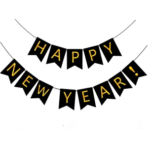 Hot Sale Happy New Year Eve Party 2024 Banner Decoration Set Paper Black New Year Banner