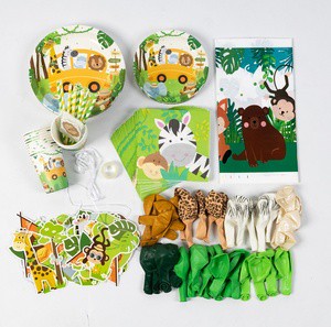 Boy Jungle Theme Party Supplies Green Balloon Garland Arch Kit with Happy Birthday Tableware Safari Birthday Decorations