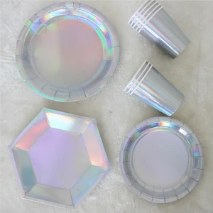 Birthday Wedding Party Paper Decorative Plates Cups Iridescent Paper Party Supplies Set