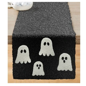 Custom Black White Crewel Embroidery Applique Light Luxury Ghost Halloween Bed Runner