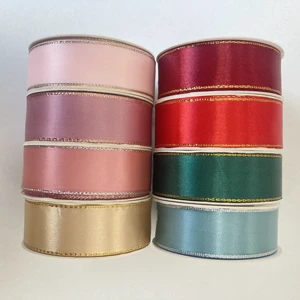 Gold Edge Ribbon Tape Roll Decorative Christmas Satin Ribbon Liston with Gold Silver Edge for Gift Box Bow