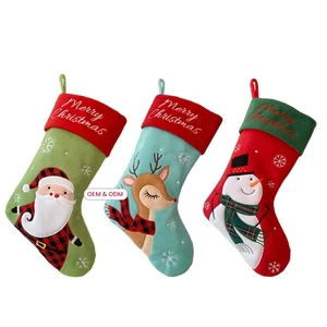 Hot Sale Large Deluxe Christmas Stockings Sky Blue Green Polyester 18inch Santa Claus Design Embroidery Traditional Festival