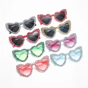 Wholesales Heart Sunglasses Fashion Shiny Bling Diamond Eyeglasses Polygonal Pink Rhinestone Eyewear for Party Decorations