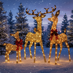 22 Inches Warm White LED Lights 3-Piece Pre-Lit 3D Christmas Reindeer Family Lighted Glitter Outdoor Holiday Decoration