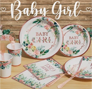 Baby Girls Shower Gender Reveal Party Decor Supplies Disposable Dinnerware Set Eco-Friendly 16/18inch Floral Paper Plates