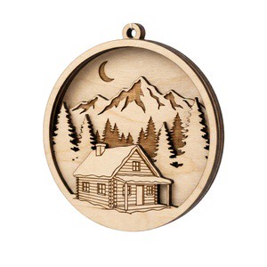 XIAOYAN AW069 3D Plywood Winter Cabin Hanging Ornament | Custom Layered Forest Scene Decor | Wholesale Holiday Supplies 2026