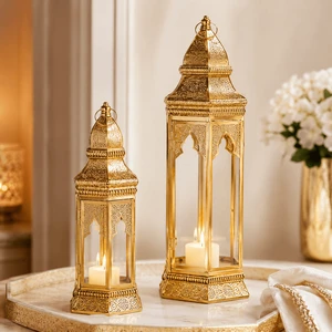 Wholesale Custom Gold Moroccan Ramadan Fanoos Lantern Set Metal Glass Candle Holder For Eid Wedding Decor