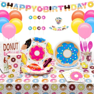 Doughnut Theme Birthday Party Supplies Decor Paper Plates Napkin Cups Cutlery Banner Balloon Tablecloth Disposable Tableware Set