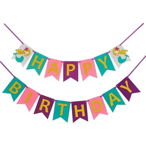 Colorful Felt Mermaid Happy Birthday Bunting Banner with Glitter Gold Letters for Mermaid Themed Birthday Party Decorations