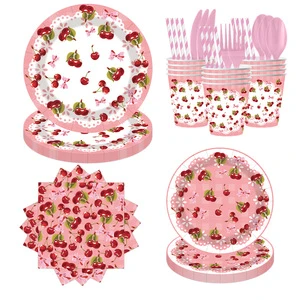 Cherry Disposable Paper Banner Tablecloth PlateS CupS Knife Fork Spoon Pink Set for Party Decoration Supplies