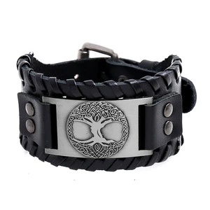 DPANCO P01938 Viking Totem Lucky Tree Leather Cuff Bracelet Vintage Men's Punk Jewelry Woven Wide Zinc Alloy Antique Silver
