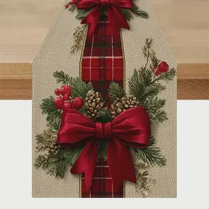 2D Geometric Christmas Bow Table Runner Durable Linen Dinner Table Festive Christmas Season Decoration