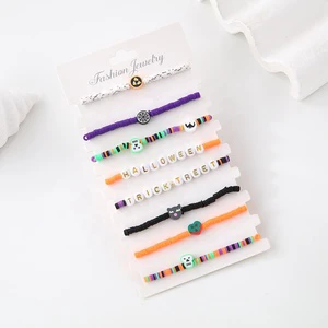Punk Style Halloween Spooky Bracelet Set Clay Beads with Elastic Letter Bat Ghost Spider for Anniversary Halloween Festivities