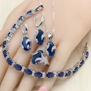 Royal Blue Semi-Precious Silver Color Jewelry Set for Women Includes Bracelet Earrings Ring Classic for Wedding Engagement
