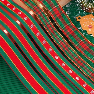 Factory Ready Stock Christmas Ribbon Red and Green Striped Polyester Ribbon Xmas Gift Packaging Ribbon