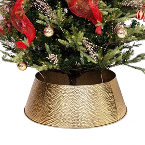 HOME & Garden Use 4 Panel Christmas Tree Collar Gold Galvanized Hammered Metal Holiday Skirt Indoor Outdoor Decor