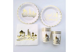 Eid Mubarak Party Goods Supplies Decorations Include EID Paper Plates Cups Napkins Tableware Set for Ramadan Family Party S086