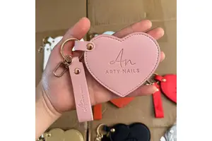 CF Valentine's Day Gift Heart Shaped Makeup Keychain Mirror Pu Leather HD Glass Custom Travel Pocket Mirrors For Women Girls