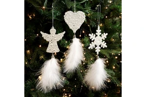 White Christmas Angel Ornaments with Feathers Pearl Snowflake Hanging Christmas Tree Ornaments for Winter Wonderland Xmas