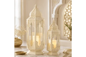 Wholesale Customized Ivory White Metal Glass Moroccan Lantern Set For Ramadan Eid Wedding Decor