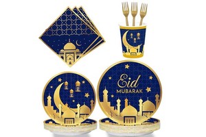 Eid Mubarak Tableware Set Ramadan Mubarak Table Decorations Supplies Muslim Dessert Plates Eid Al-fitr Party Napkins Forks