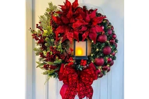 2026 New Christmas Decorations Ornaments with Xmas Oil Lights Christmas Red Flowers Xmas Door Hanging Christmas Garland Wreath