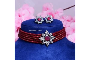 Party Favors Oxidize Finish CZ Stone Choker Necklace Set Ruby Red Beads Handmade Indian Wedding Featuring Pearl Diamond Earrings