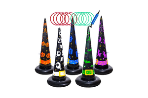 16PC Halloween Ring Toss Game Set 5 Inflatable Witch Hat Cone with Air Pump and 10 Ring for Family School Party Favor Game