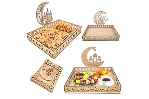 Custom Wholesale Ramadan Eid Food Serving Tray Laser Cut Ramadan Tray Wood Tray Ramadan Decoration Supplies