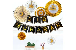 EID MUBARAK Party Decoration Supplies Black Gold Cardstock Swallowtail Paper Fan Flowers Moon Star and Ramadan Essentials
