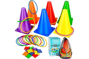 3 in 1 Carnival Game Set - Plastic Cones Bean Bags Ring Toss Game Combo - Fun Outdoor Party Supplies for Kids Birthday