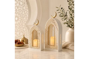 Wholesale Ramadan Lantern Set White Gold Metal Islamic Candle Holder For Eid Home Hotel Decor OEM