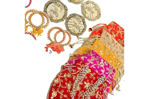 Handmade Wedding Favour Set: Embroidered Potli Bag, Bangle, and Kumkum Holder for Ramadan
