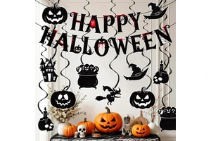 Halloween Decorations Black Spiral Bat Pumpkin Paper Banner Set Bunting Garland Hanging Ornament for Wall Home Party