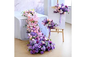 Customized High Quality Artificial Silk Rose Flower Arrangement Rustic Style Pink Purple Table Wedding Centerpieces Decorative