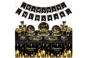 Ramadan Mubarak Party Muslim Moon Mosque Paper Plates Cups Napkins Cutlery Tablecloth Banners Disposable Tableware Set Supplies