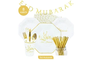 Eid Mubarak Disposable Tableware Set Paper Dishes Cups Napkins Straws Cutlery Banner Muslim Holiday Ramadan Table Party Supplies