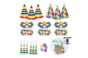 Colorful 6 People Party Supplies Birthday Party Favors Set with Hats Masks Horns Balloons for Party Decorations