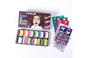 Complete Kids Face Paint Kit 12 Colors Stencils Brushes Safe Cosplay Party Halloween Makeup Gift Children Body Face Paint